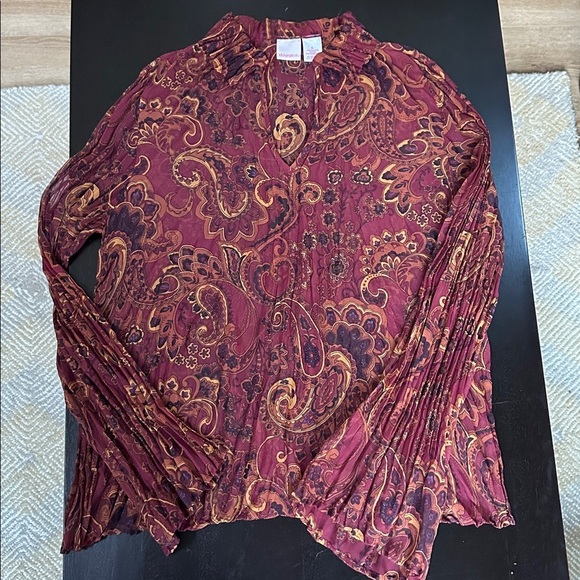 Sheer paisley bell sleeve collared pullover top in a burgundy wine shade - Picture 2 of 7